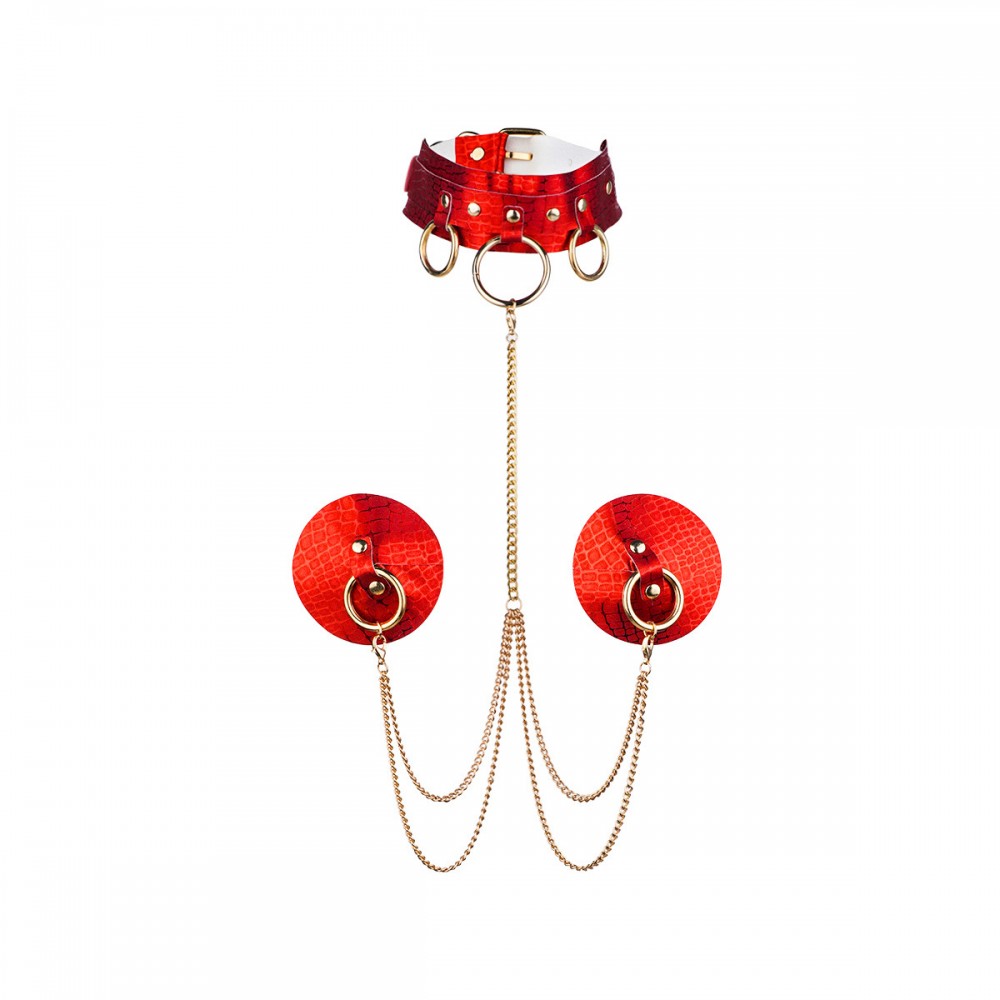 Sexy Red PU Leather Nipple Cover Chain Set