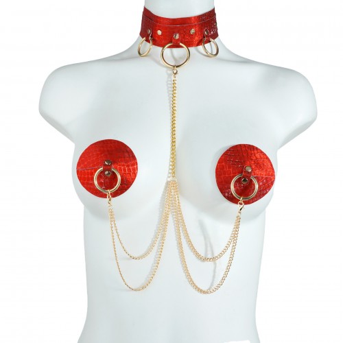 Sexy Red PU Leather Nipple Cover Chain Set